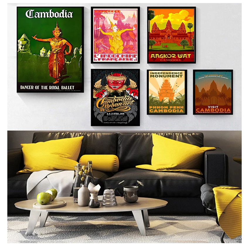 

Ват хмер путешествия холст картины винтажные стены крафт плакаты покрытые стены наклейки домашний Декор подарок Юго-Восточной Азии Камбод...