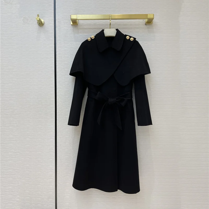 

Женское кашемировое пальто, Свободное длинное шерстяное пальто в классическом стиле со съемной накидкой и золотыми пуговицами, верхняя оде...