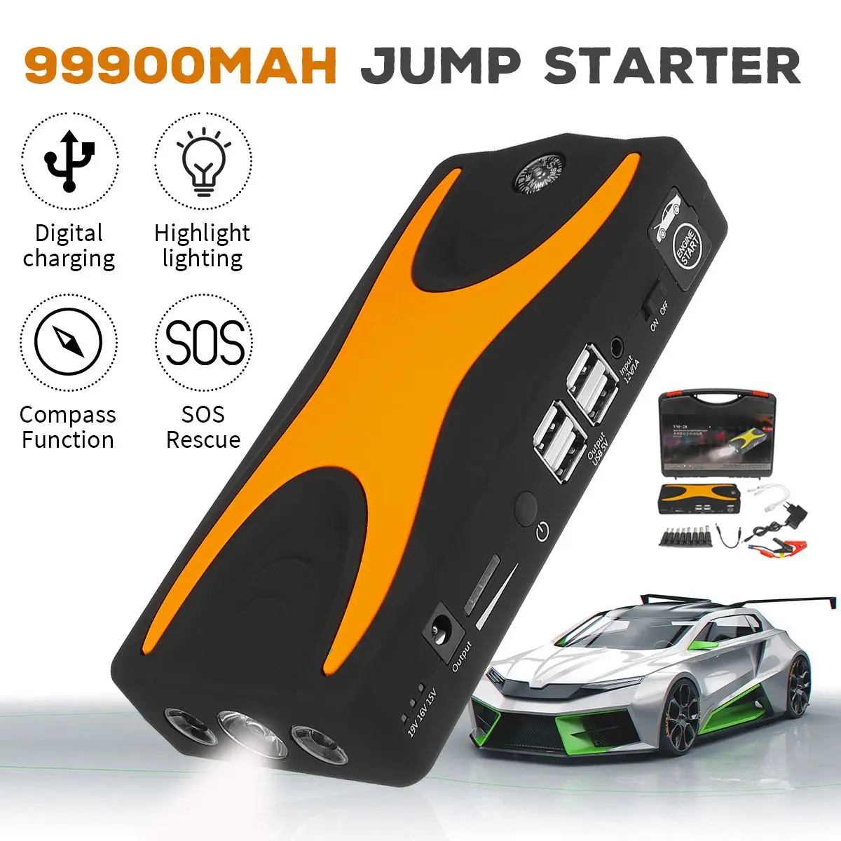 

15V 900A 22000mAh Portable Car Jump Starter Emergency Battery Booster with LED FlashLight Safety Hammer Waterproof US Stock