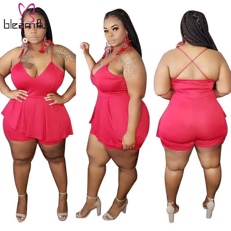 Размера плюс комбинезон женский однотонный без рукавов с V-образным вырезом боди