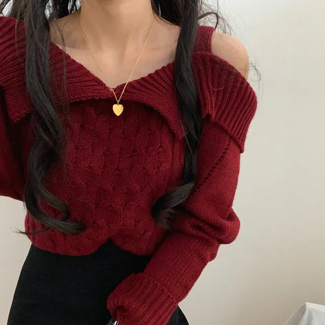 

High quality spot South Korea ins small sweet and pure and fresh the design a word off-the-shoulder knitting a sweater