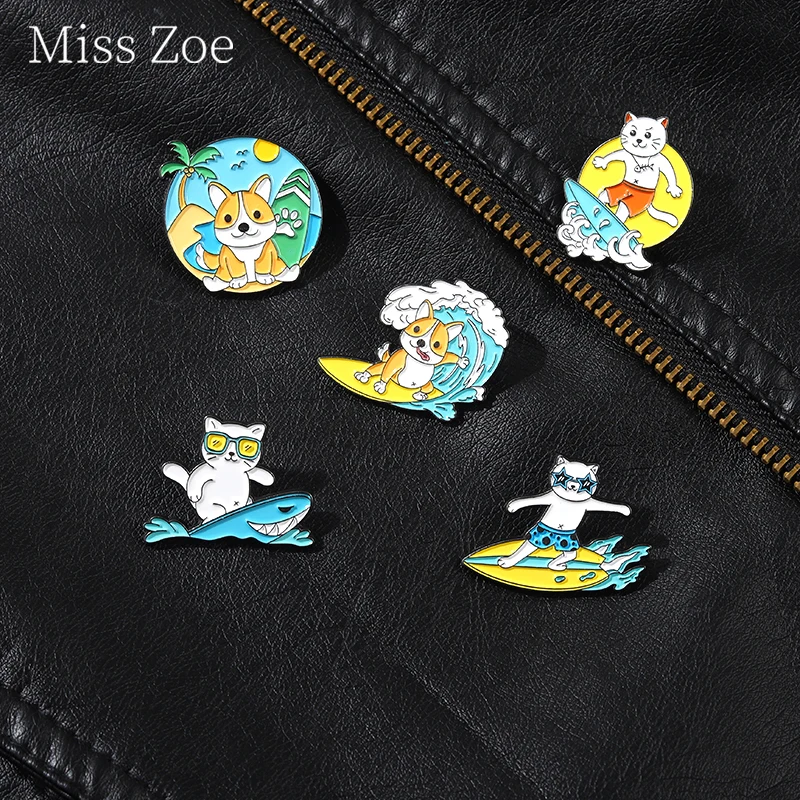 

Sea Surfing Animal Enamel Pins Custom Beach Shark Leisure Motion Cat Dogs Brooches Lapel Shirt Bag Badge Jewelry Gift For Friend