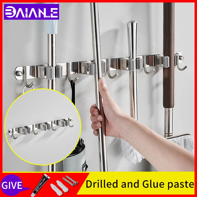 

Туалет ряд крючков из нержавеющей стали настенное крепление веник и Швабра стойка Винт бесвинтовой монтаж полки для ванной комнаты вешалка...