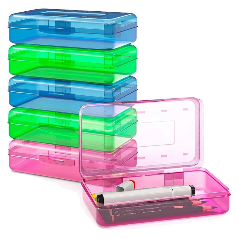 

6 Pack Plastic Pencil Case Box with Lid Snap Closure, Large Capacity School Supplies Storage Organizer for Kids School
