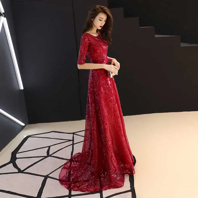 wine red Роскошное расшитое блестками красное вино длинное вечернее платье с рукавами размера плюс А-силуэт длина до пола формальное вечернее платье со шлейфом - Цвет: wine red