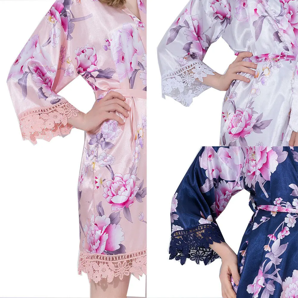YUXINBRIDAL Floral Robes with lace trim Floral Satin Silk Bridal  bride bridal bridesmaid Kimono Robes party robe  bride robe 02