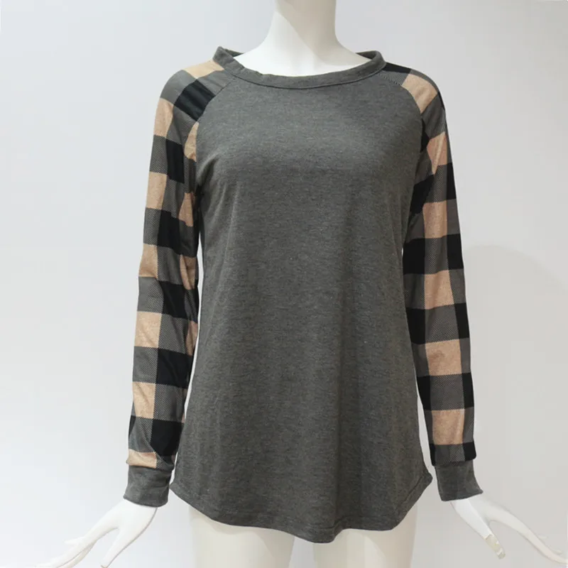 Повседневные футболки в клетку с принтом женские топы круглым вырезом и длинным