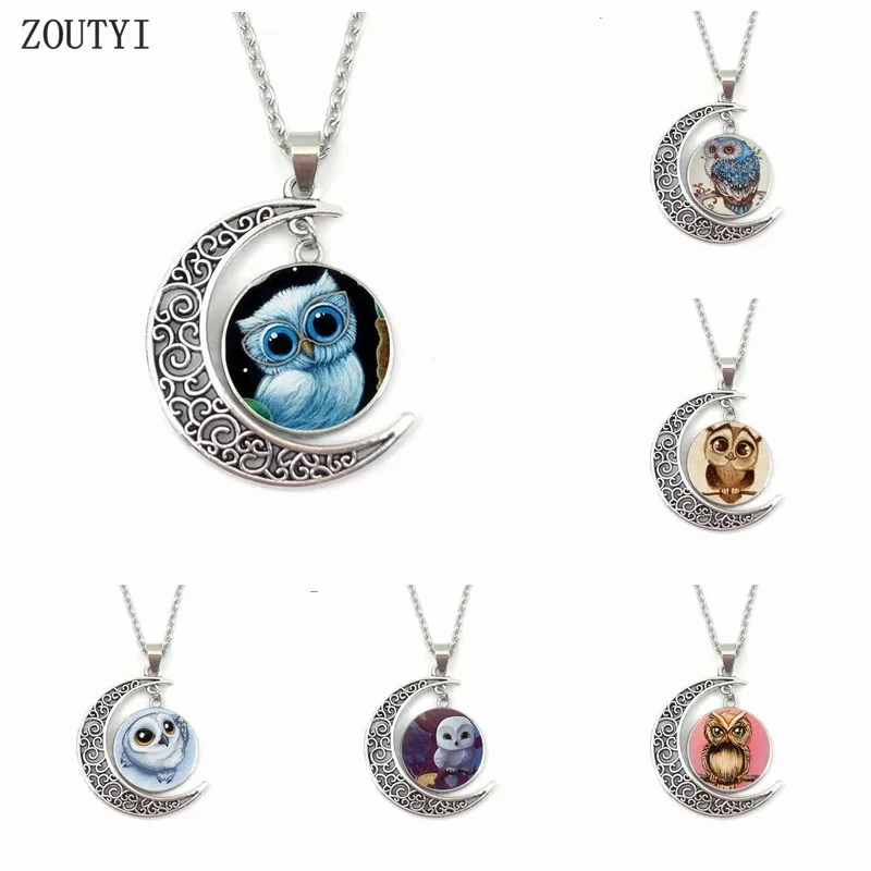 2019/Charming cute owl art moon convex crystal pendant necklace men's and women's necklaces gifts. | Украшения и