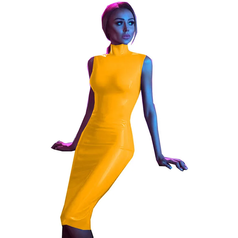 Женское глянцевое Платье До Колена без рукавов с высокой горловиной и бедрами