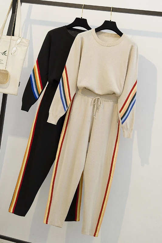 5XL new autumn and winter 2019 women's fashion fat sister loose knit two-piece suit sports leisure |