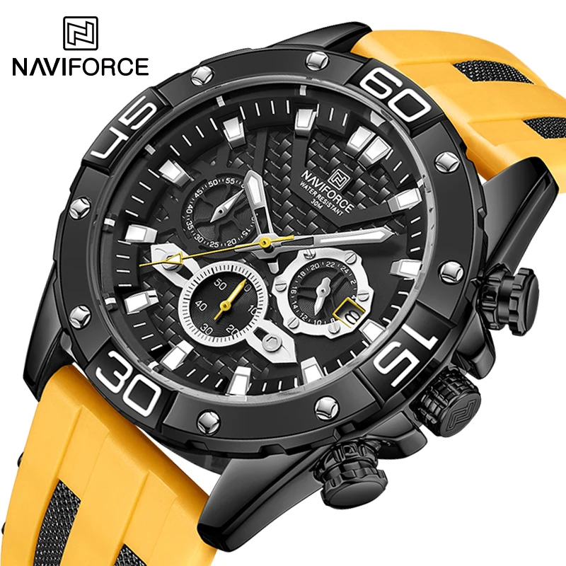 2021 New NAVIFORCE Men Watch Quartz Analog With 24 Hours Waterproof Casual Fashion Chronograph Yellow Silicone Strap Wrist Watch