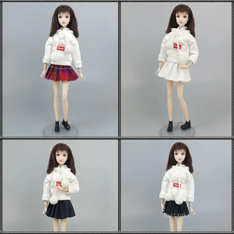 

4sets/lot Fashion Red Super White Top Hoodie Sweatshirt + Pleated Skirt Clothes Outfits For Barbie 1/6 Dolls Accessories Toys