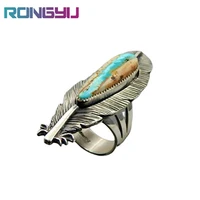 modyle 2021 ancient silver color metal rings for women vintage inlay big turquoise feather ring retro jewelry for lover gift