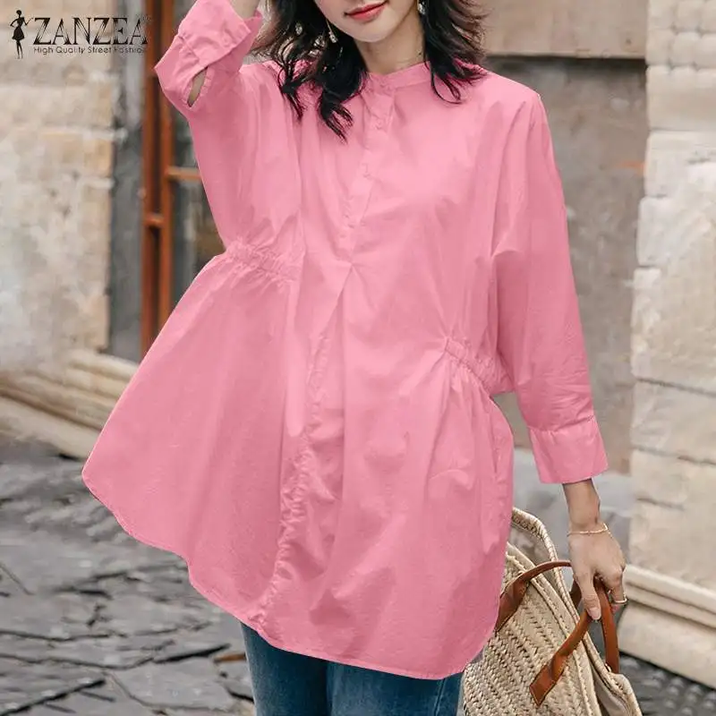 

Блузка ZANZEA женская оверсайз в офисном стиле, Модный Топ с длинным рукавом и плиссировкой, повседневная однотонная Свободная рубашка на пуго...