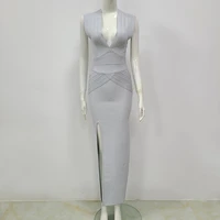 high quality grey v neck bodycon open fork long rayon bandage dress elegant cocktail party dress vestidos