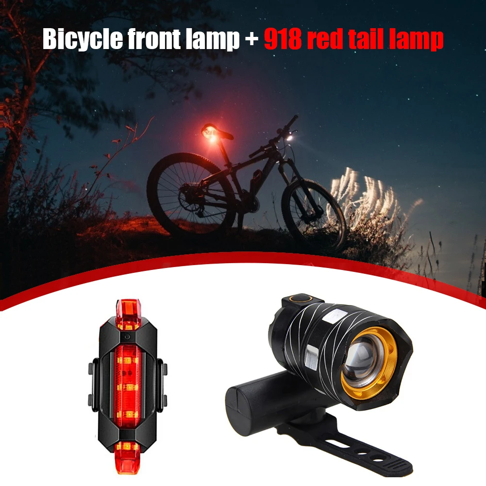 

T6 LED Bicycle Lights Set Zoomable Mountain Bike Night Cycling Tail Rear Headlight USB Rechargeable Waterproof Warning Taillight