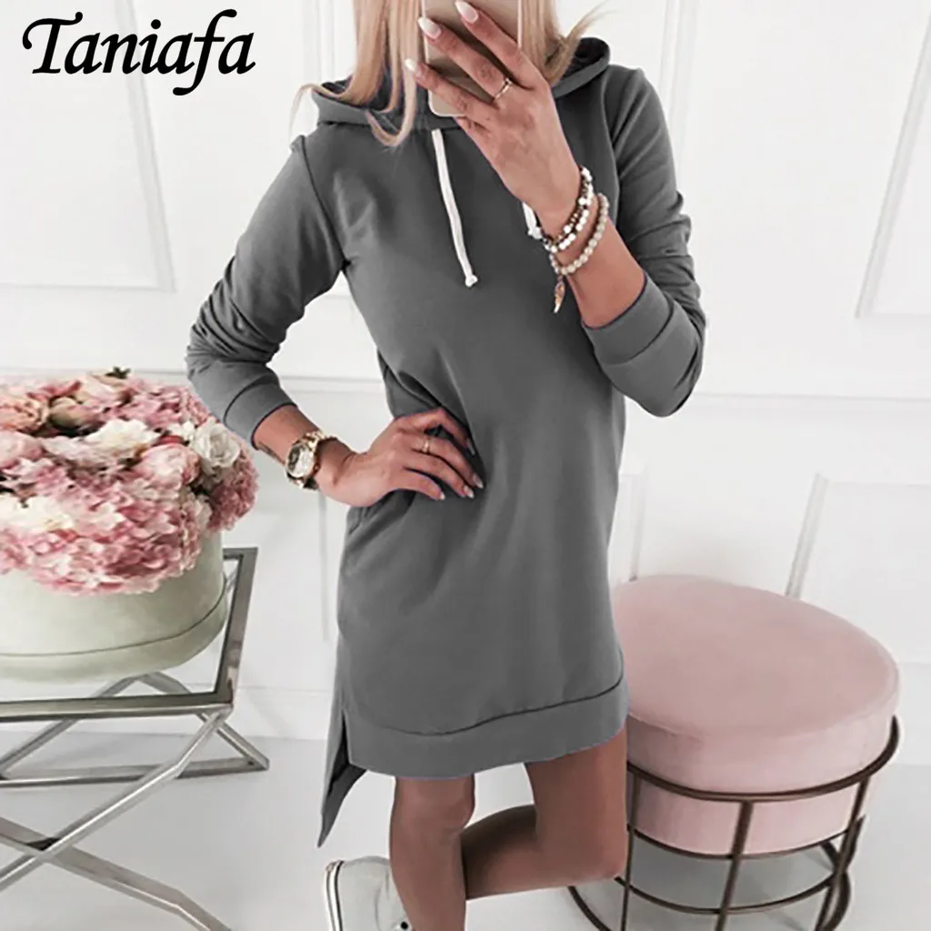 

Autumn Winter Pure Color Women Casual Long Sleeve Hooded Sweatshirt Dress Hem Irregular Hoodies Dresses