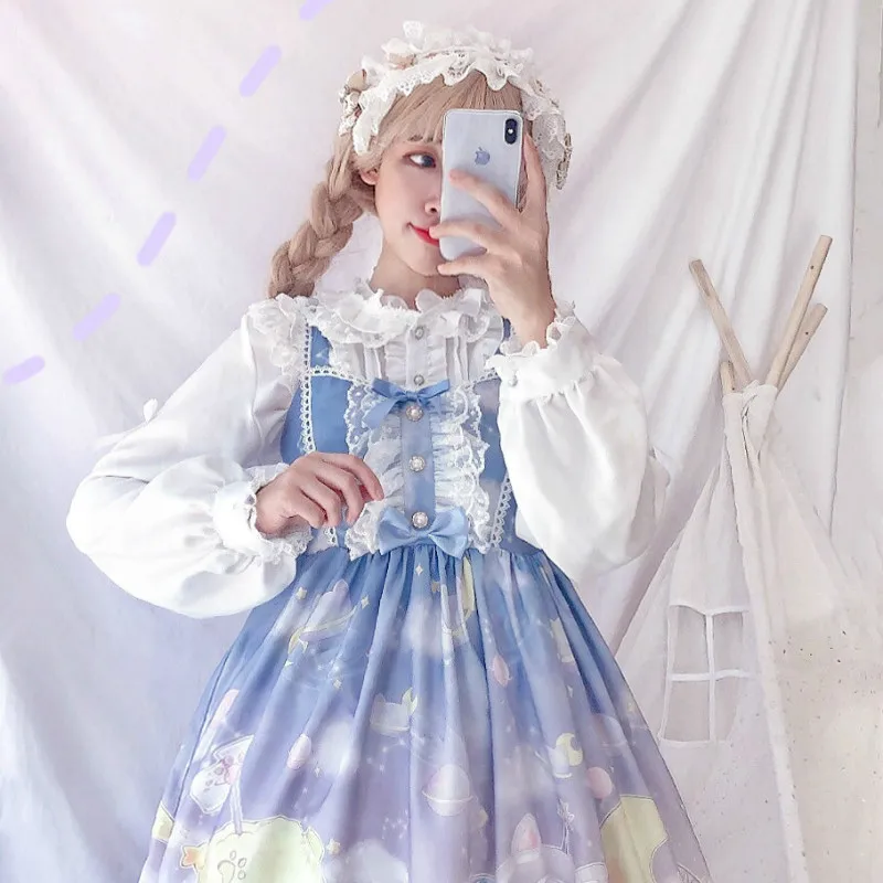 Платье в стиле Лолиты; милое платье в японском стиле Kawaii; платье принцессы для девочек в винтажном готическом стиле; кружевная розовая летняя юбка с принтом