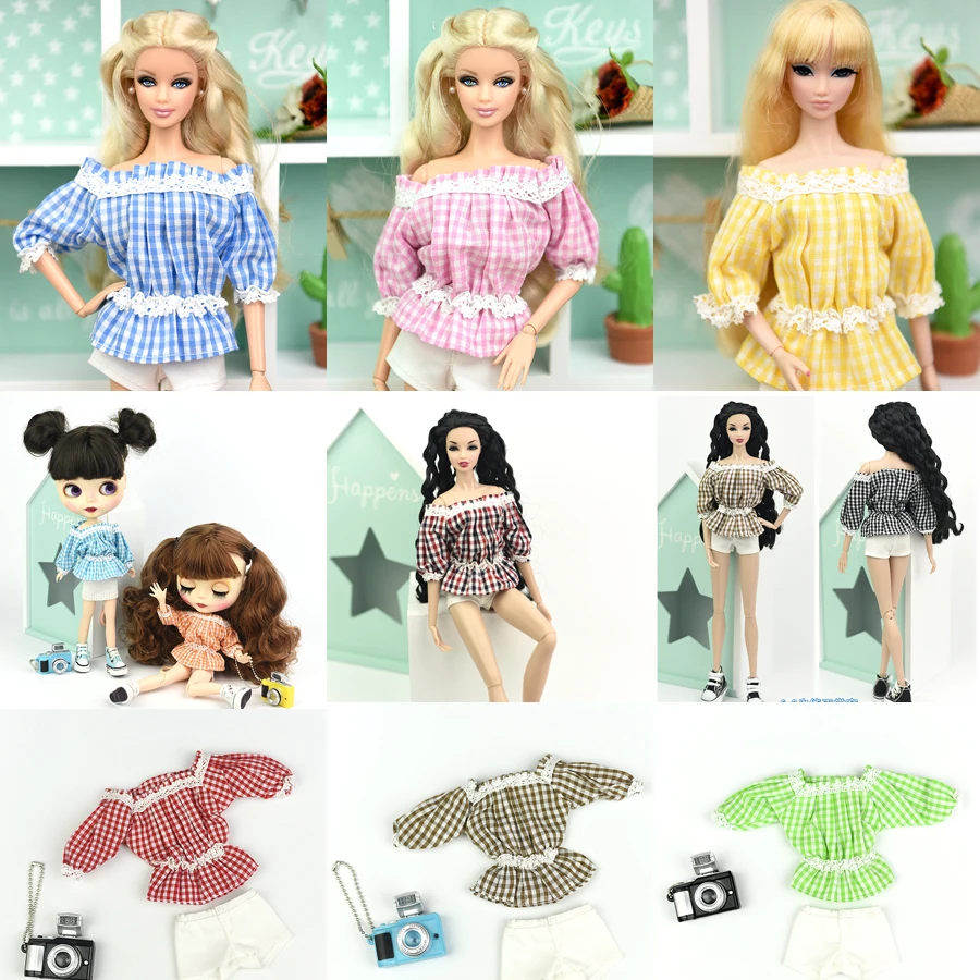 

Handmade Top Quality Grid Shirt Top + White Shorts Fashion Clothes Outfit Suit For Baby Toy Barbie Xinyi Momoko FR Doll for Girl