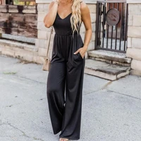 2021 solid color v neck jumpsuit sleeveless suspender top wide leg trousers casual and comfortable suit for woman with pocket