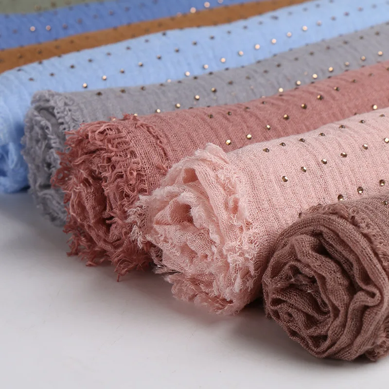 Crinkle обжимной рваные тюрбан из хлопка хиджаб с бриллиантом камни женский