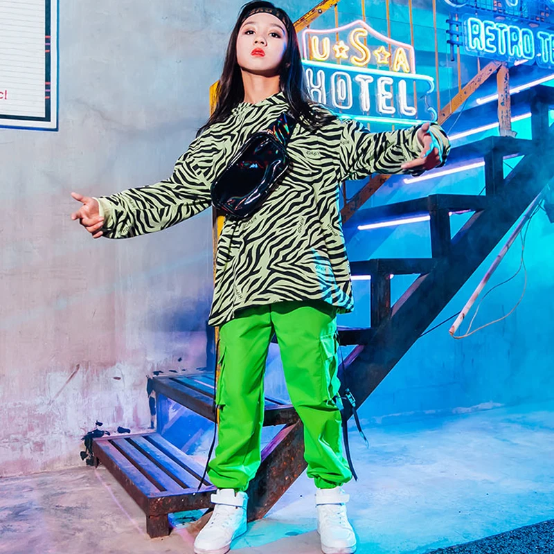 Танцевальные костюмы в стиле хип-хоп для девочек флуоресцентные зеленые брюки