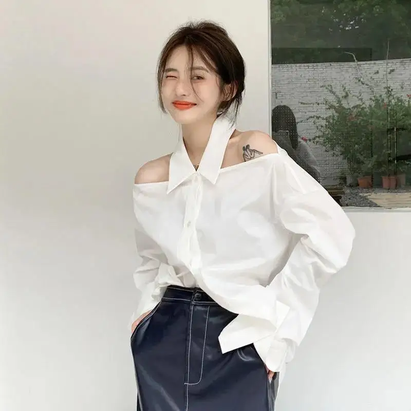 White Halter Shirts Women New Design Long Sleeve Blouses Spring Autumn French Off The Shoulder Tops Female