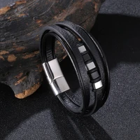 trendy stainless steel accessories men leather bracelet multilayer combination magnet clasp bangle