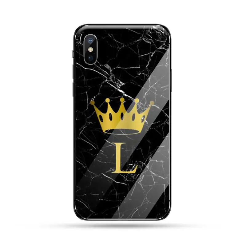 

Custom name Letter Black Marble Gold crown Phone Case Tempered glass For iphone 6 6S 7 8 plus X XS XR 11 12 mini PRO MAX