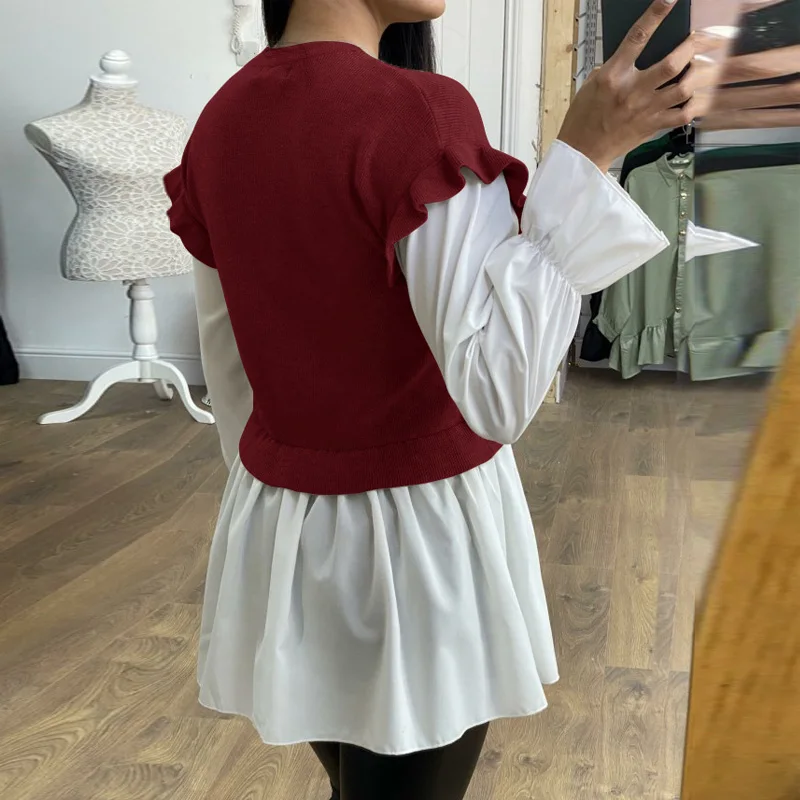 

Elegant Ruffle Patchwork Pleated Blouse Shirts Women Autumn Fashion Long Sleeve Ribbed Pullover Female Casual Loose O Neck Tops