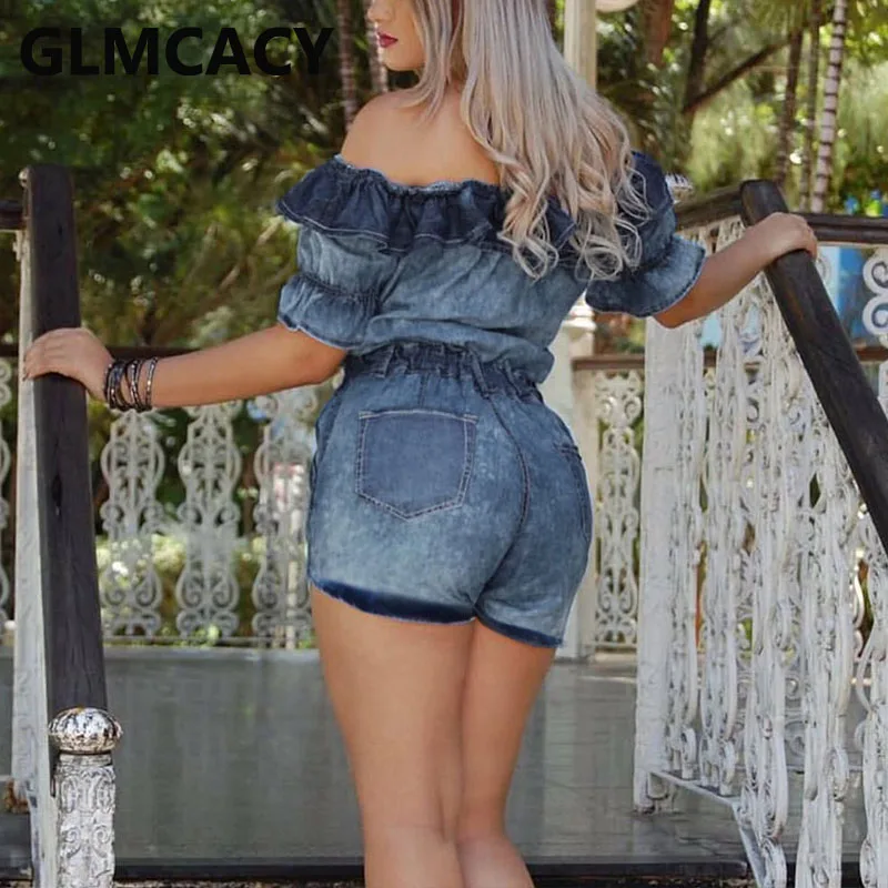 

Women Off Shoulder Denim Playsuits Short Sleeve Jeans Chic Rompers Streetwear