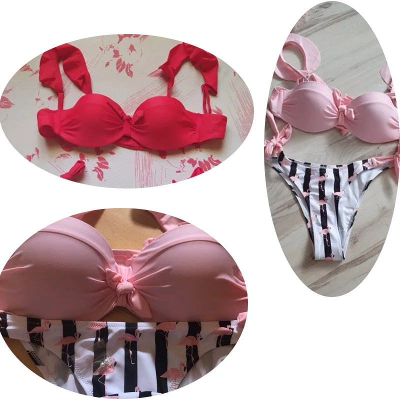 

Striped Lace Ruffle Push Up Women Bandeau Swimsuit Female Swimwear Bra Cup Bikini set High Cut Bathing Suit F72