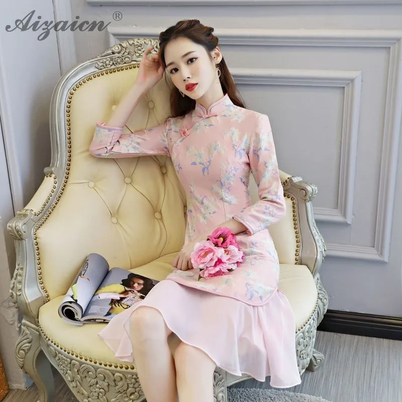 Высококлассное жаккардовое переплетение Cheongsam китайское модное китайское традиционное платье Qi Pao Восточный стиль платья с вышивкой Qipao зима