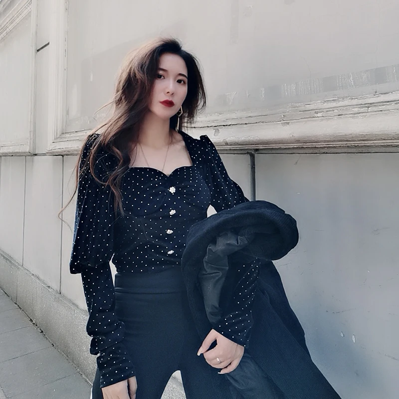 Женские бархатные блузки с длинным рукавом-фонариком роскошные черные короткие