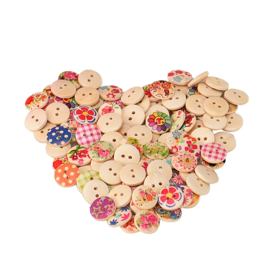 100 штук смешанных деревянных пуговиц с узором дерева и 2 отверстиями для шитья, для скрапбукинга и рукоделия, аксессуары для украшений, размер 15 мм - JULY28.