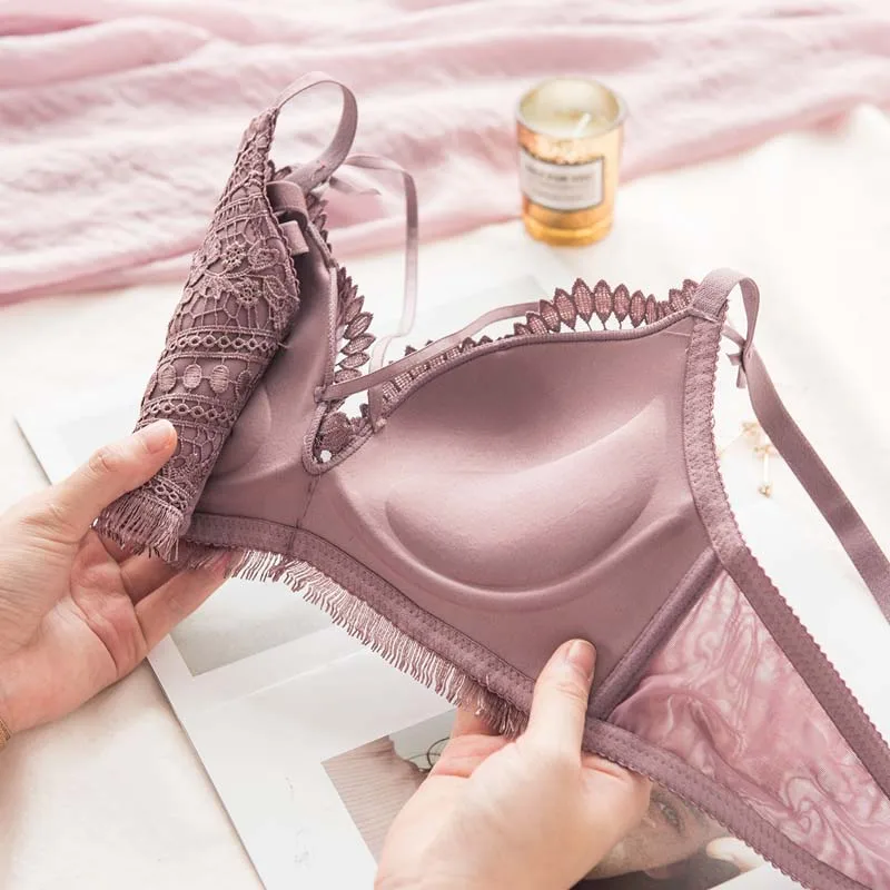 Женское нижнее белье с вышивкой и кружевным бантом фиолетовое красное роскошное