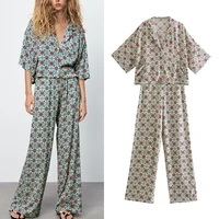 za 2 pieces women shirt pants set 2021 floral printed soft notched short sleeve blouse long pant fashion girls outfits
