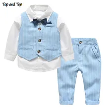 Top and Top Spring&Autumn Baby Boy Gentleman Suit White Shirt with Bow Tie Striped Vest Trousers 3Pcs Formal Kids Clothes Set