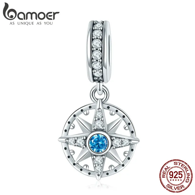 BAMOER 925 пробы Серебряный сверкающий Морской Компас звезда прозрачный CZ кулон талисманы подходят браслеты и ожерелья DIY Ювелирные изделия SCC847