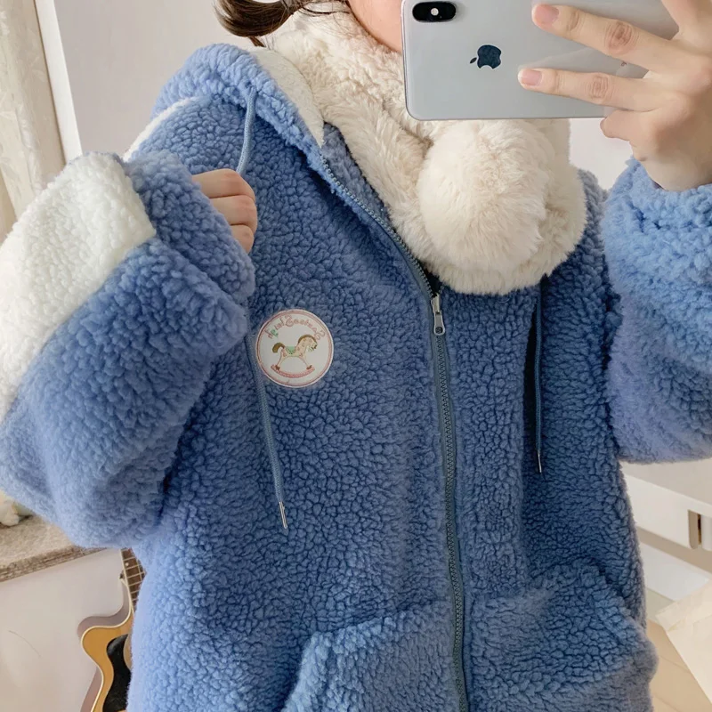 Sweet Cute Kawaii Girl Lolita Jacket 2021 Winter New Warm Thick Zip Up Vintage Faux Fur Coat Pink Blue Loose Hooded Jacket Women