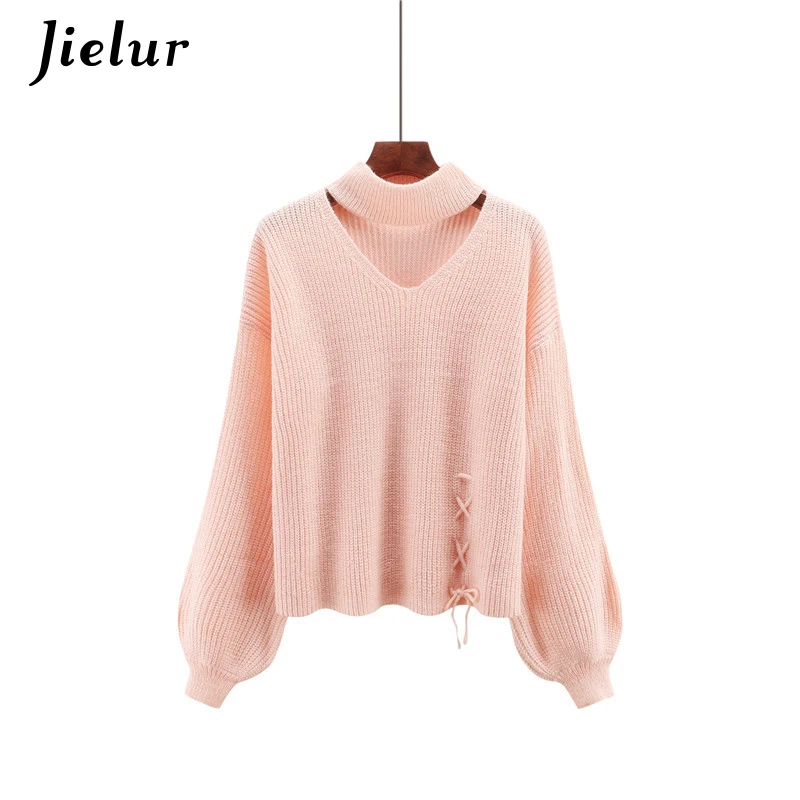 Jielur 5 Solid Color Hollow Lace-up Sweater Women Korean Style Winter Pullover Lantern Sleeve Warm Streetwear Sueter Mujer 2021 | Женская