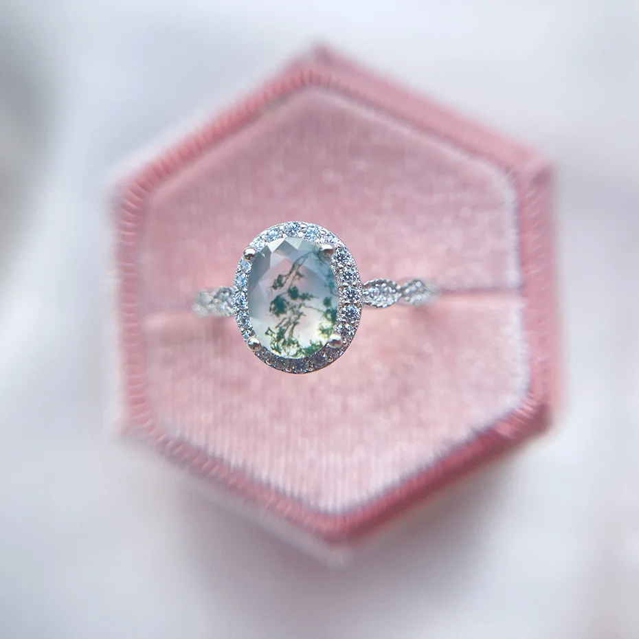 

Luxyimagic Natural Moss Agate Gemstones Ring for Women Solid 925 Sterling Silver Wedding Engagement Bride Unique Gift Jewelry
