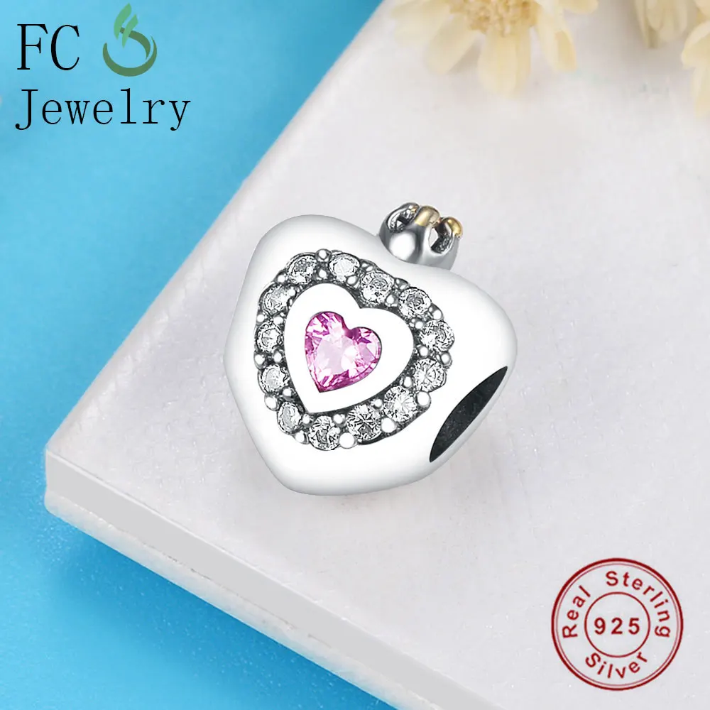 Браслет FC Jewelry Fit Original Pan Charms из серебра 925 пробы с кроной, сердцем принцессы и розовым камнем CZ для создания берлоков.