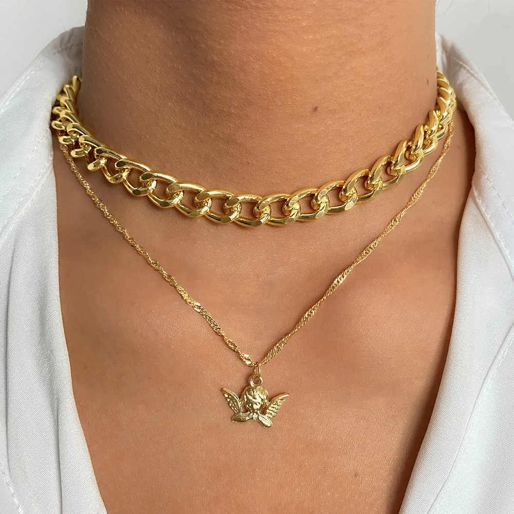 

VKME Vintage Fashion Gold Chain Multilayer Necklace For Women Angel Pendant Charm Choker Water Wave Chains Necklaces Jewelry