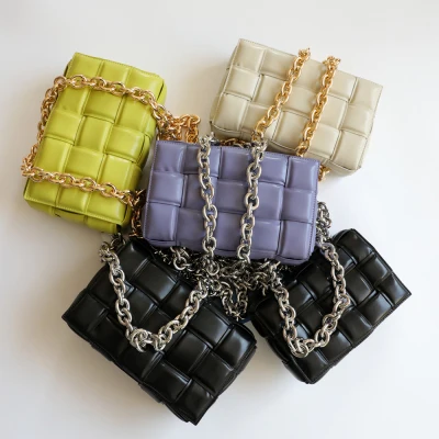 

Women New Designer Woven Soft Square Crossbody Bags Female Chic Purse High Quality Thick Metal Chain Frosted Suede Shoulder Bag