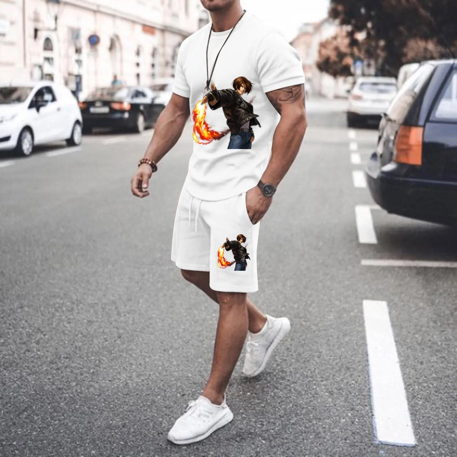 

Новый трендовый модный мужской спортивный костюм футболка с коротким рукавом + шорты 2 предмета дышащий костюм мужская повседневная спорти...