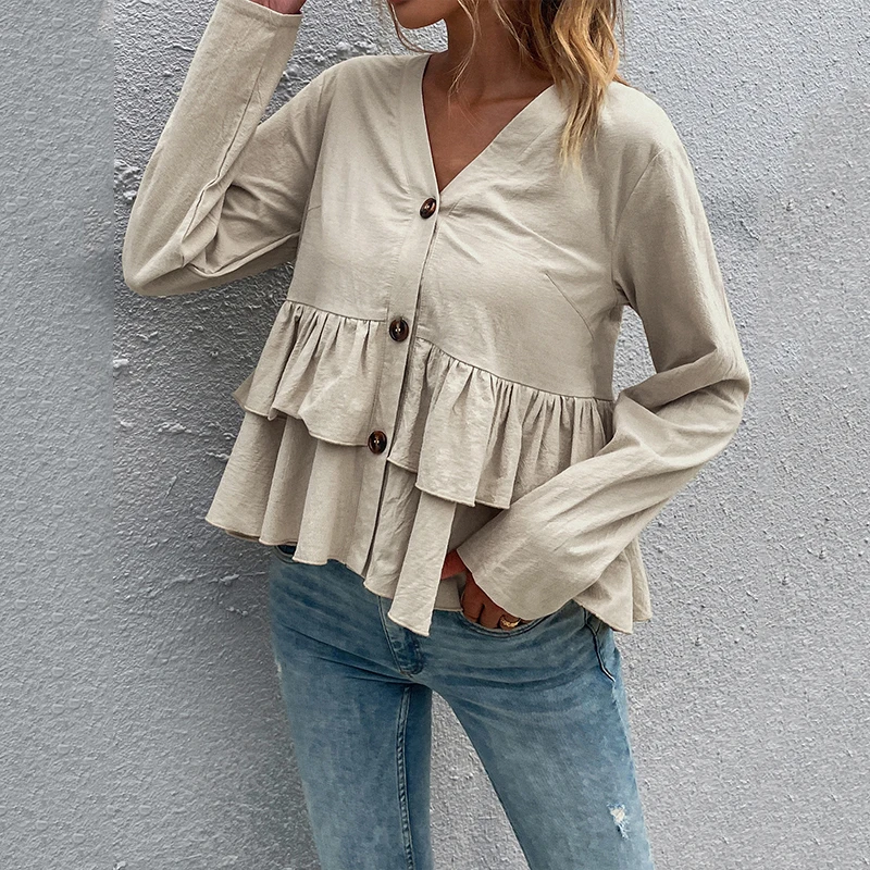 

CARDE HOMES Spring And Autumn New V-Neck Single Breasted Double Pleated Khaki Slim Long Sleeve Women T-shirt Casual Tops Tees