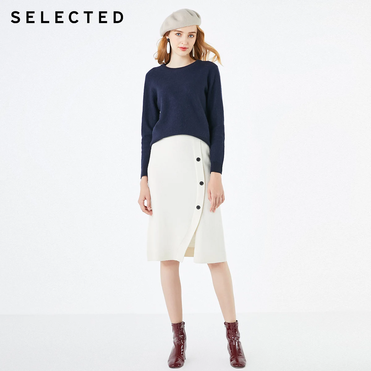 SELECTED Women's Splicing Patch 100% Wool O-Neck Round Sweater R|419413504 | Женская одежда