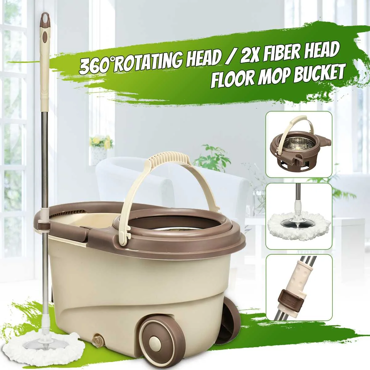 

Rotatable Flat Squeeze Mop with Bucket Set Wheels 4 Microfiber Mop Heads Hand Free Smart Cleaning Tools Floors Home