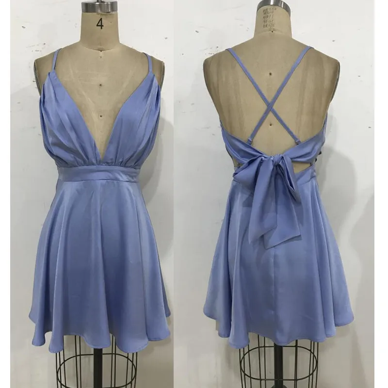 

New Blue Deep V Pleated Dress Back Cross Spaghetti Strap Women's Dress Party Evening Elegant Summer Sexy Bodycon Casual Clothing